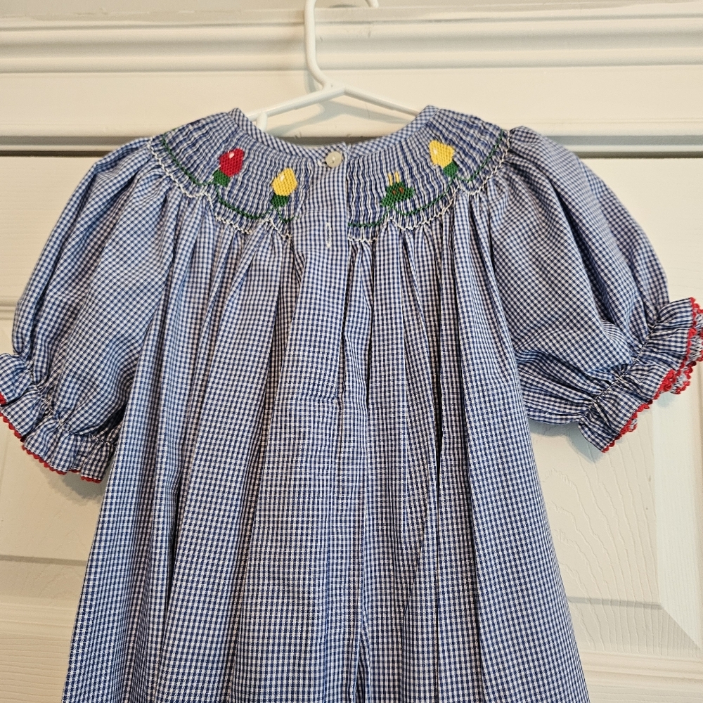 Amanda Remembered Blue & White Smocked Kids Dress with Christmas Lights. Sz 5 - Picture 5 of 9
